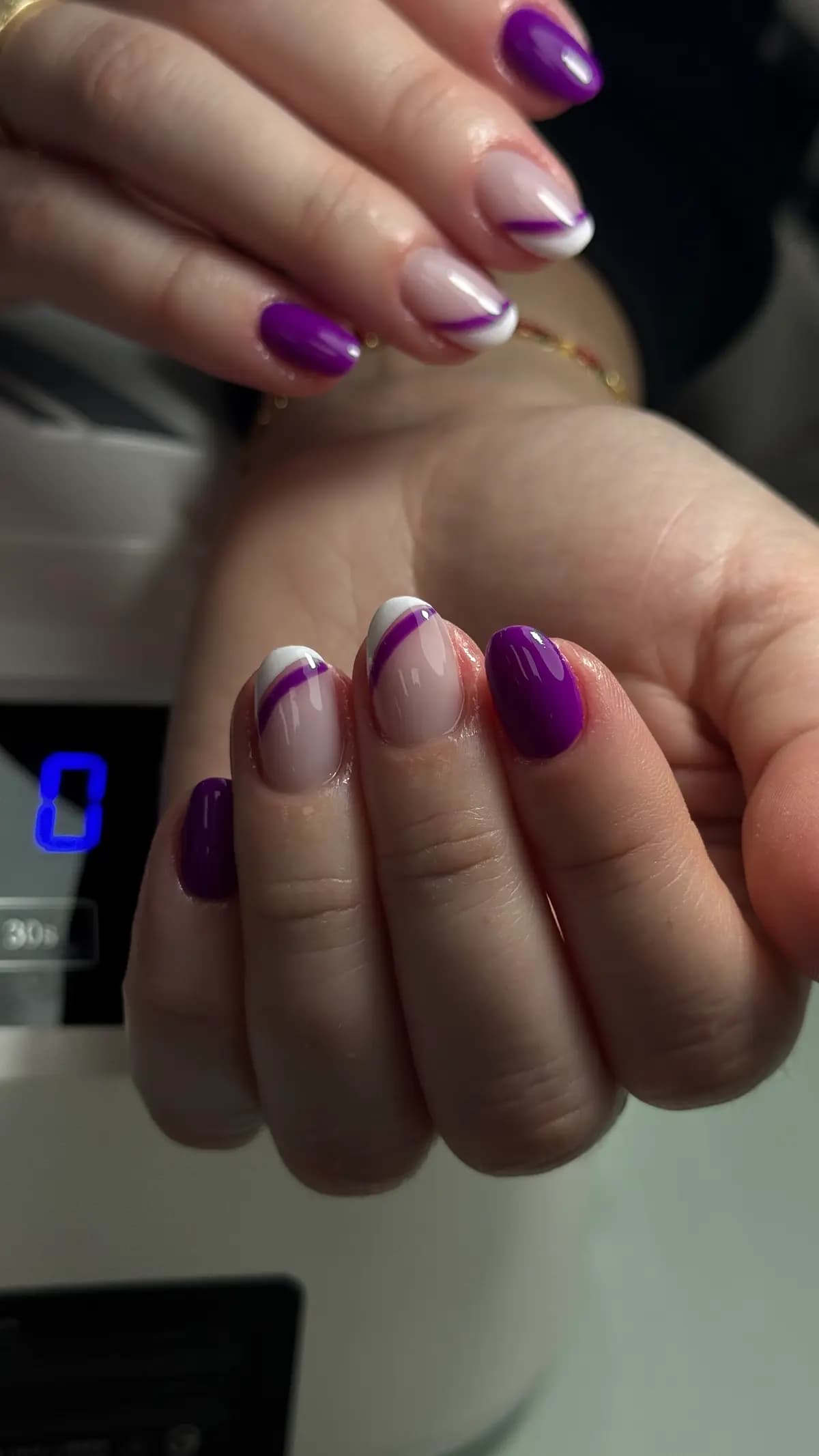 Magenta nails combined with white french on the accent nails